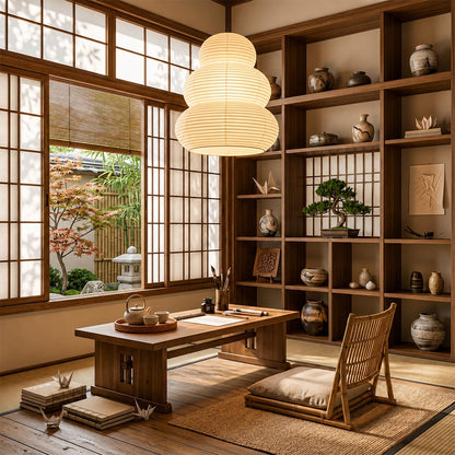 Traditional Japanese tatami tea room decorated with Akari 24N paper lantern pendant - Stuber Lighting