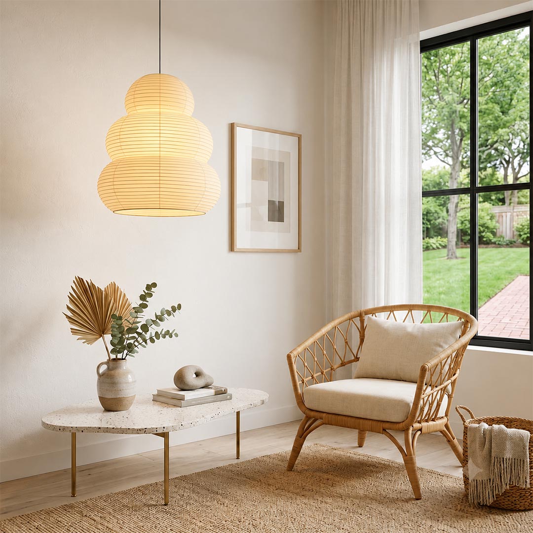 Bright room corner with a rattan armchair and Akari 24N pendant light - Stuber Lighting