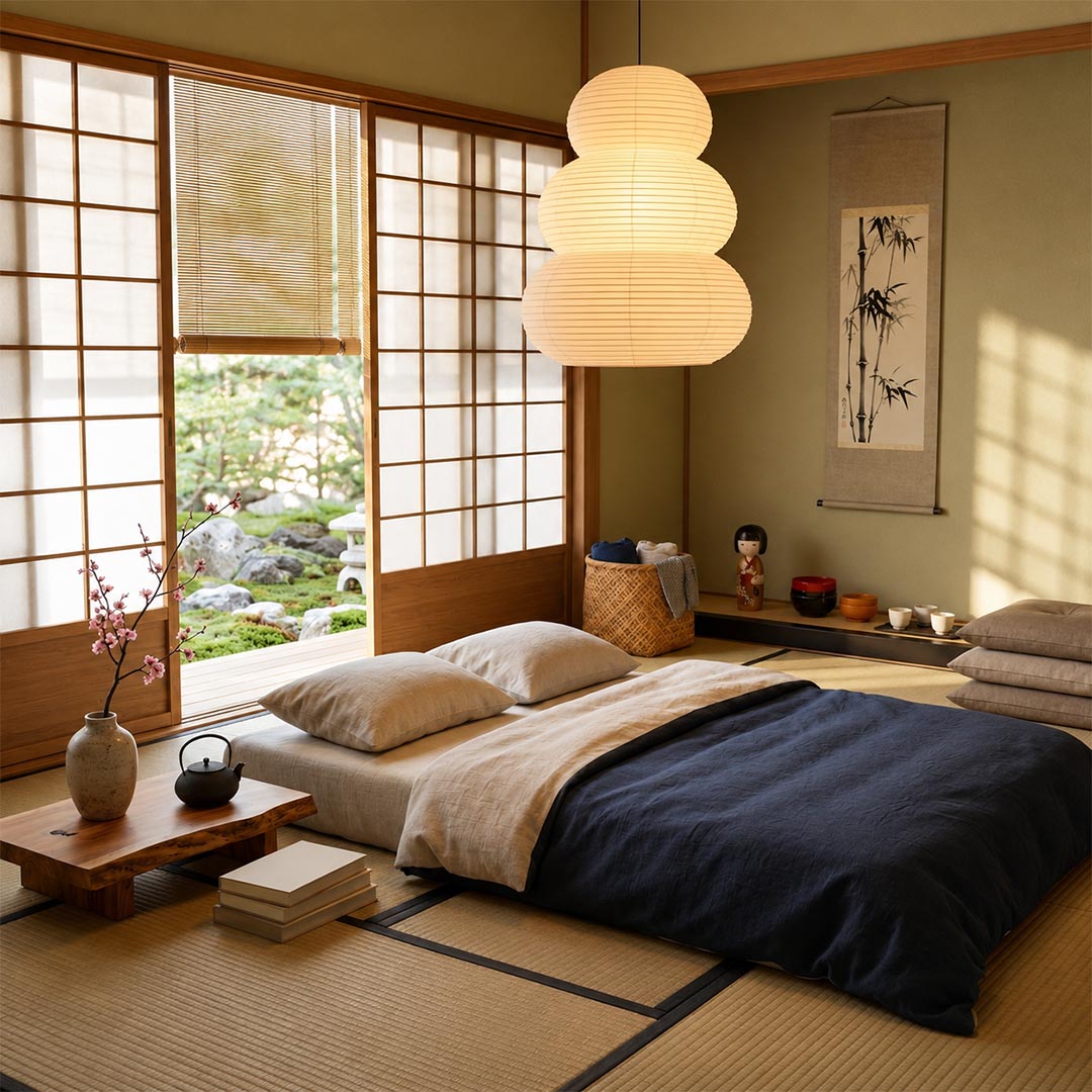 Zen style bedroom interior with Akari 24N paper pendant lamp hanging above tatami bed - Stuber Lighting