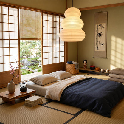 Zen style bedroom interior with Akari 24N paper pendant lamp hanging above tatami bed - Stuber Lighting