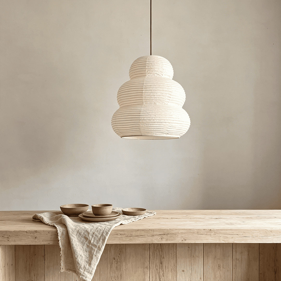 Wabi-sabi tea room design with warm light from Akari 24N ceiling pendant lamp - Stuber Lighting