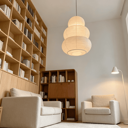 Minimalist living room with high wooden bookshelf and Akari 24N hanging paper lantern - Stuber Lighting