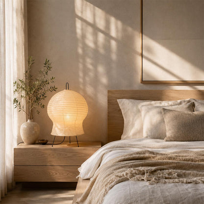 Relaxing bedroom ambiance created by a glowing Akari 2N Table Lamp on a nightstand by Stuber Lighting.