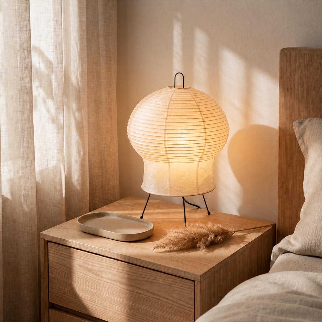 Akari 2N Table Lamp casting warm light on a wooden bedside nightstand in a minimalist bedroom by Stuber Lighting