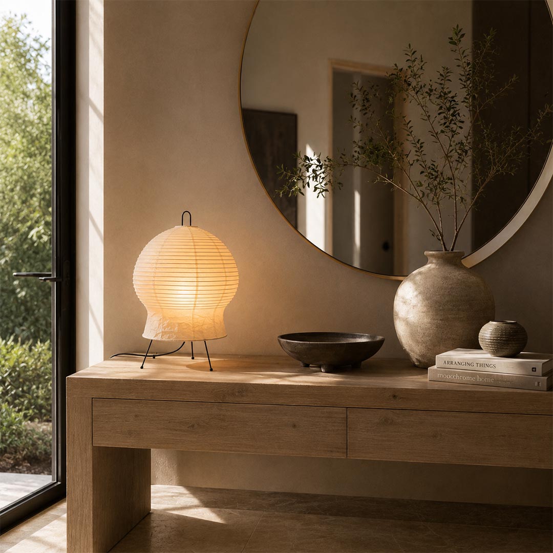 Welcoming Akari 2N Table Lamp placed on a wooden console table underneath a round mirror by Stuber Lighting