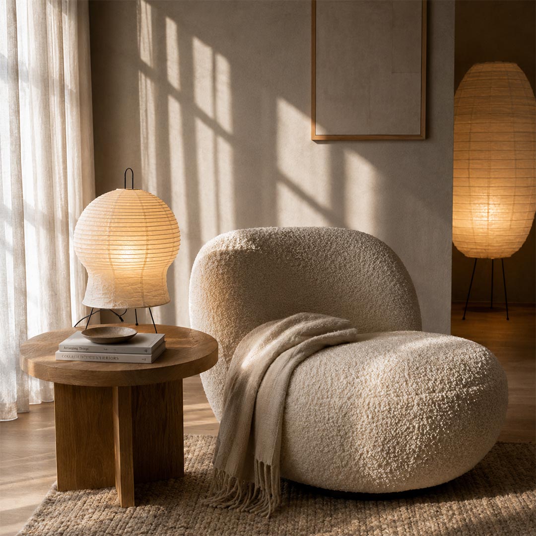 Aesthetic Akari 2N Table Lamp styled on a side table next to a cozy boucle lounge chair by Stuber Lighting.