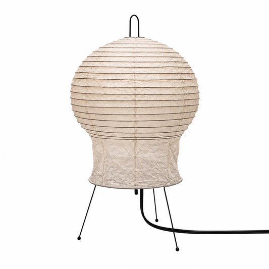 Close-up of the unlit textured paper shade of the Akari 2N Table Lamp on a white background by Stuber Lighting.