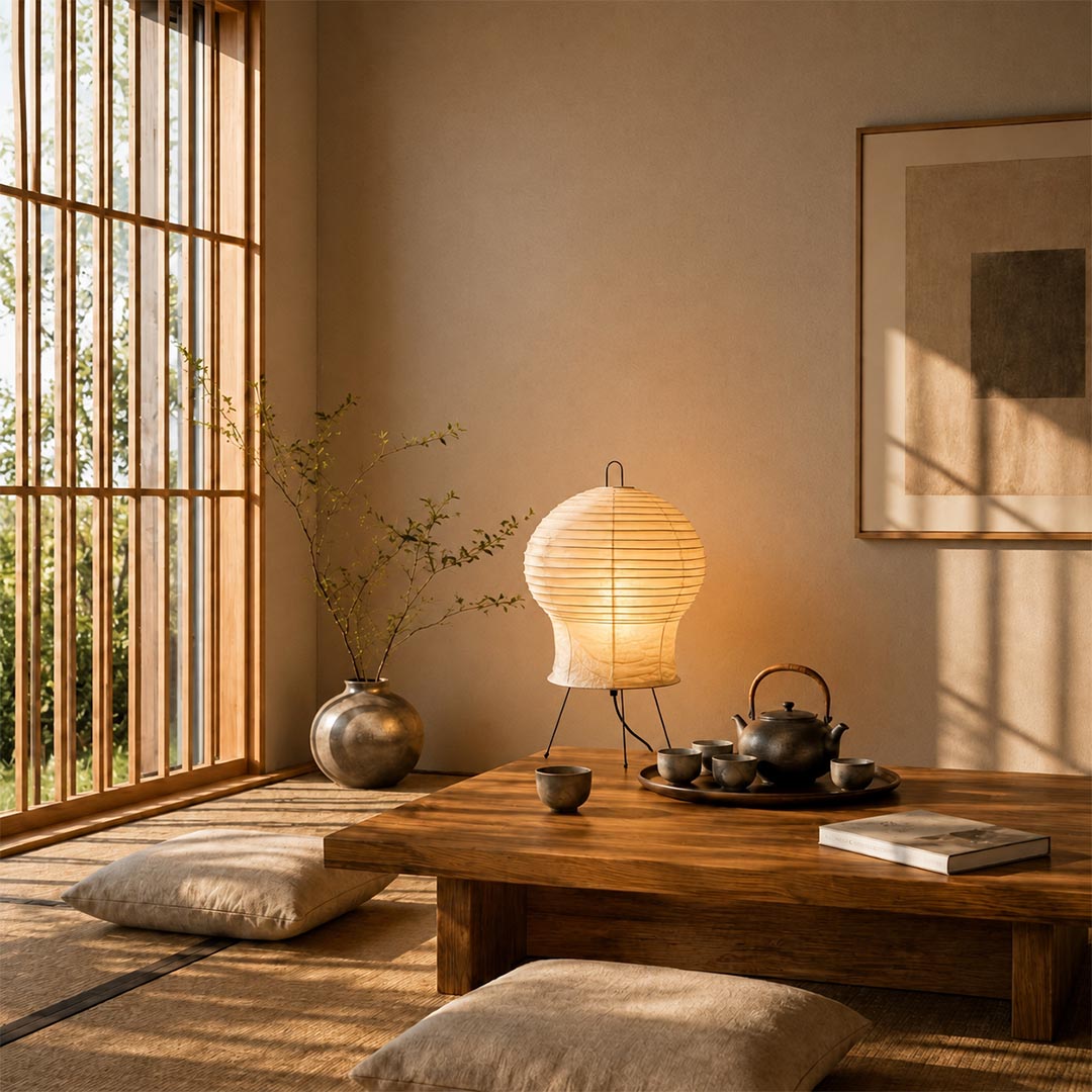 Zen style Akari 2N Table Lamp glowing on a low wooden table in a Japanese tatami tea room by Stuber Lighting.