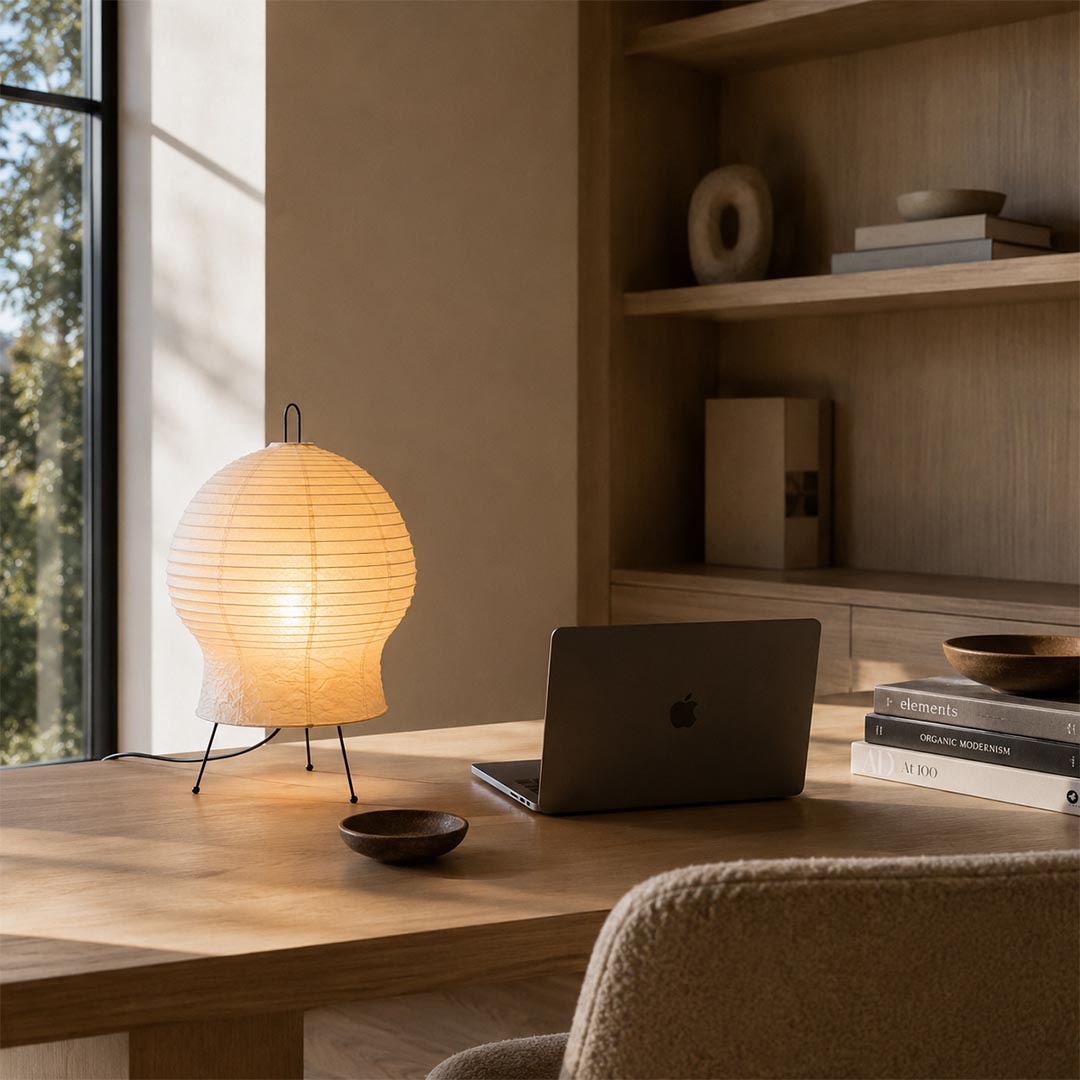 Japanese-inspired Akari 2N Table Lamp illuminating a modern home office desk with a laptop by Stuber Lighting.