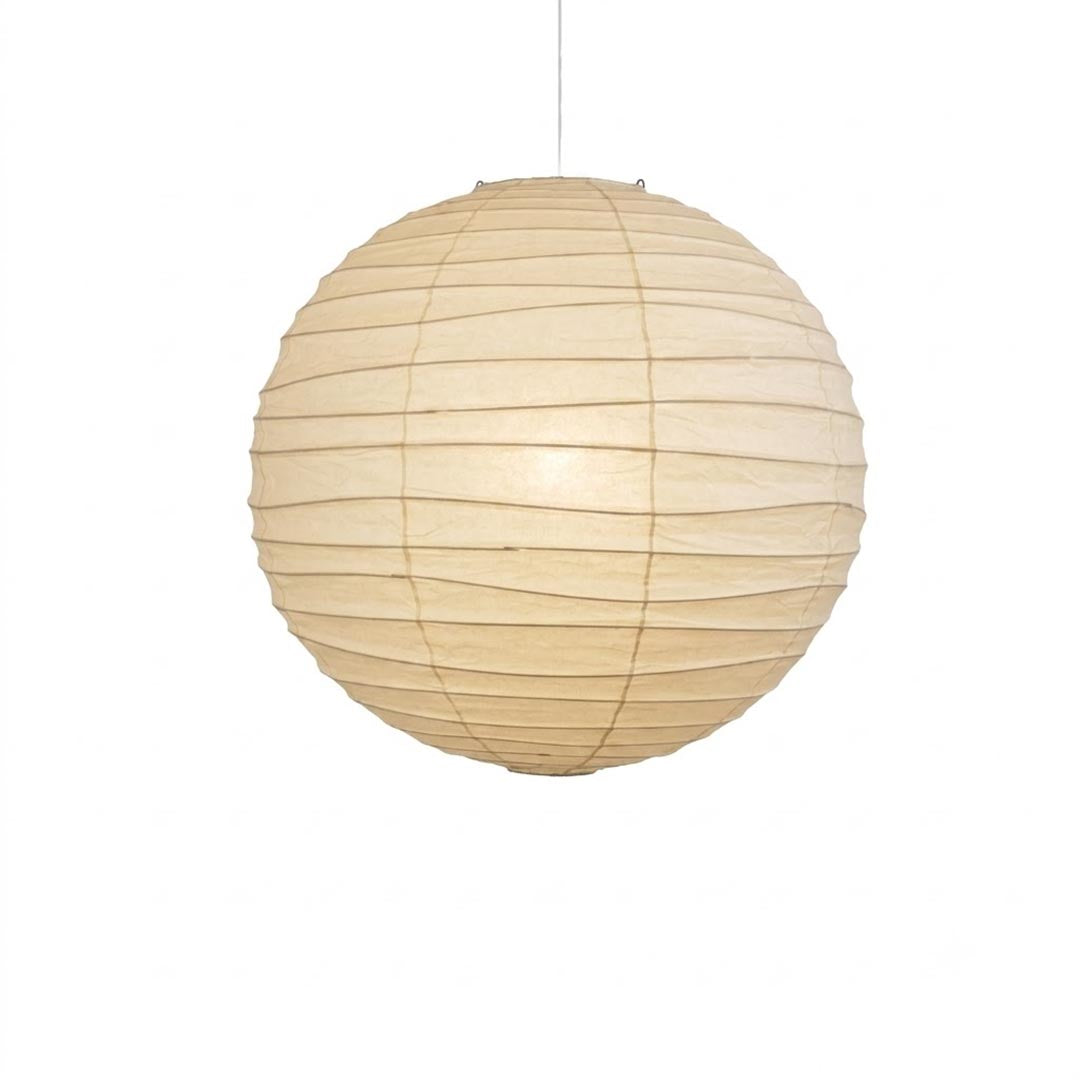 An extra large 120cm round Washi paper pendant light with a ribbed texture, a minimalist Japandi oversized hanging ceiling lamp.