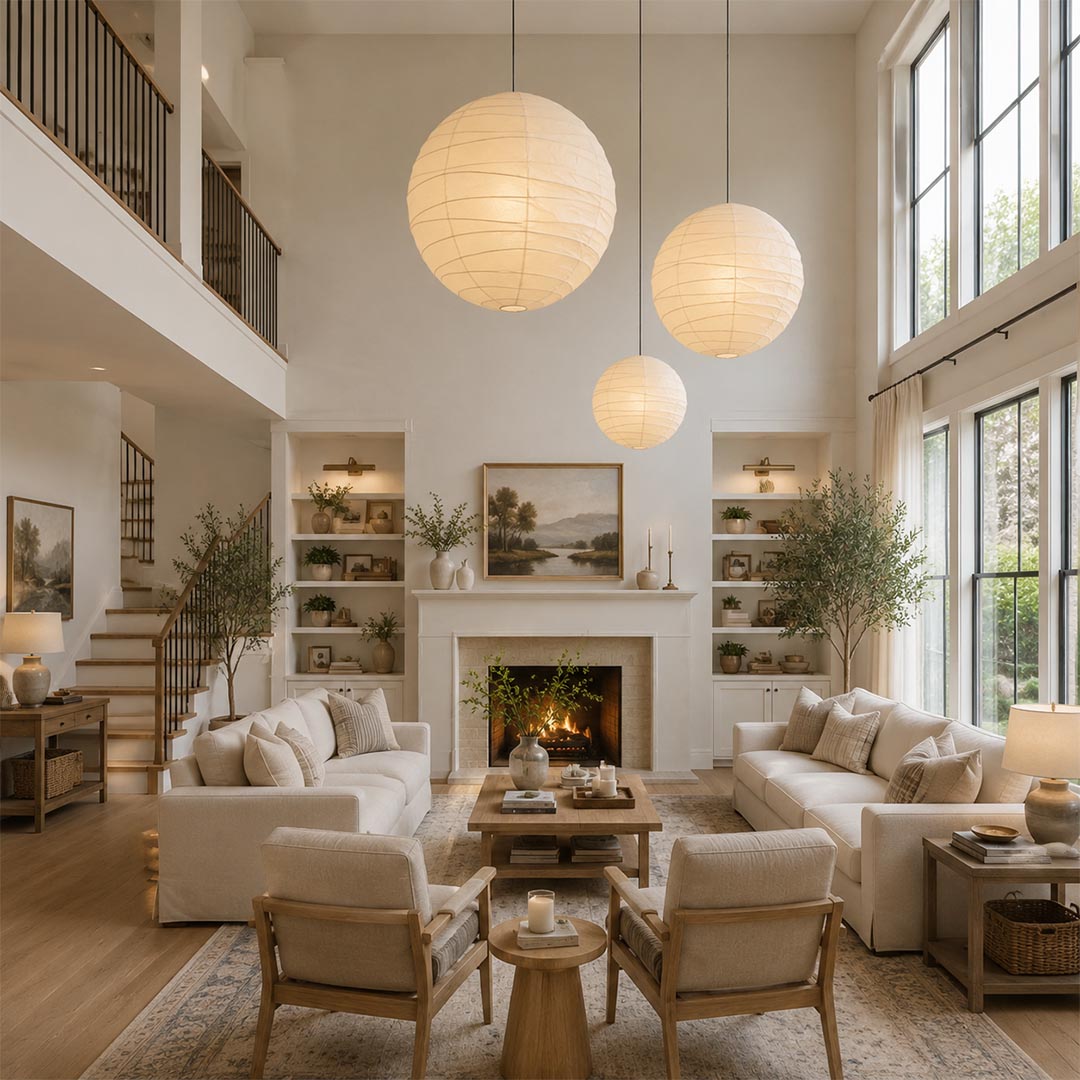 A cluster of three round Washi paper pendant lights in varying sizes, hanging at staggered heights in a warm, luxury high-ceiling living room with neutral sofas and a fireplace