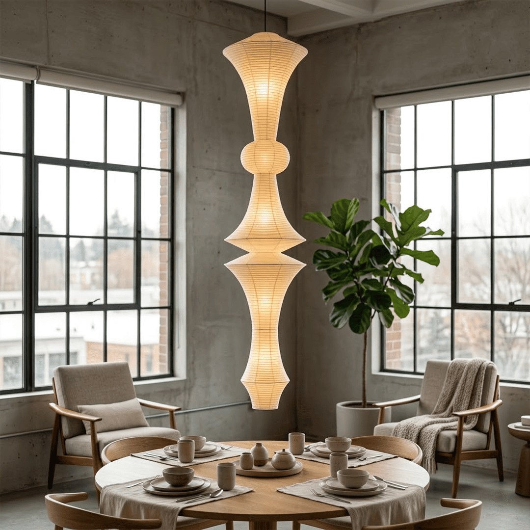 Akari E model pendant light in a minimalist dressing room setting.