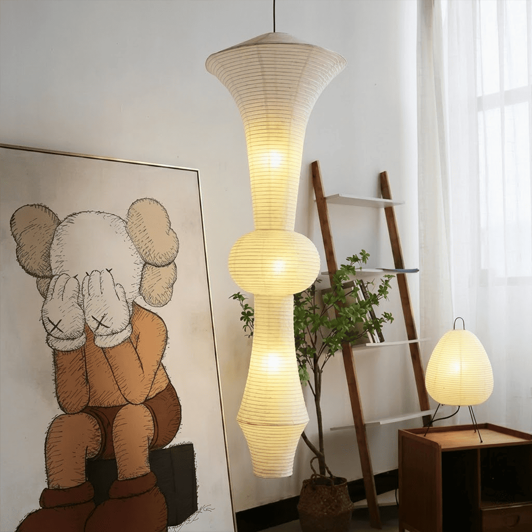 Akari E model pendant light in a minimalist dressing room setting.
