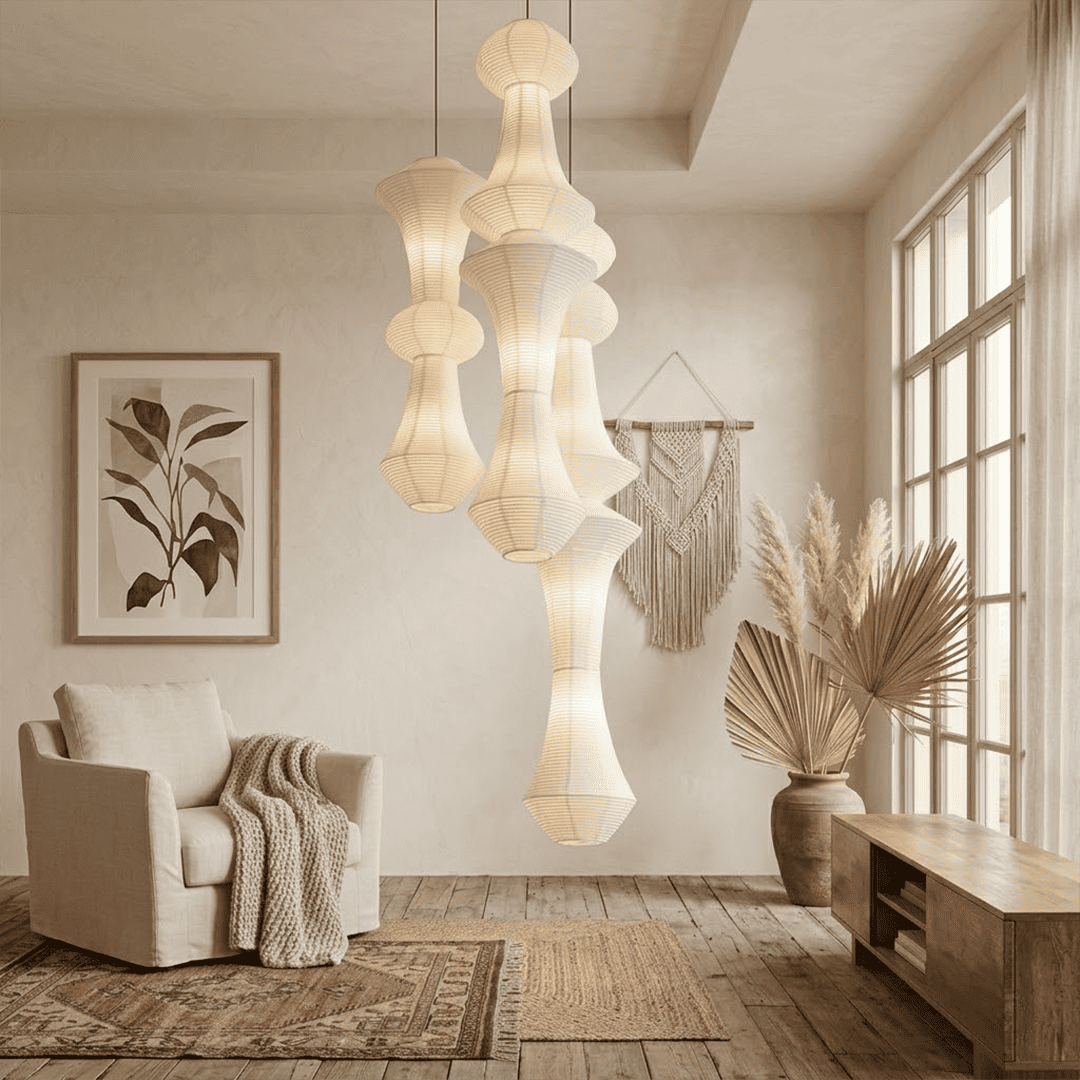 Akari E model pendant light in a minimalist dressing room setting.