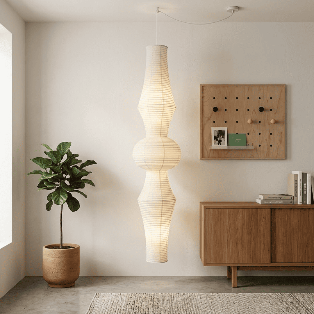 Akari E model pendant light in a minimalist dressing room setting.