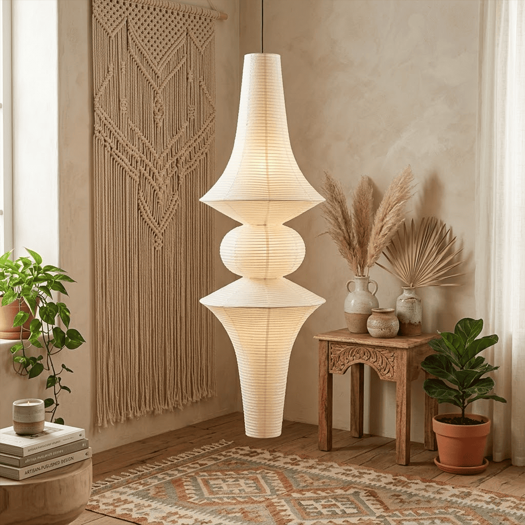 Akari E model pendant light in a minimalist dressing room setting.