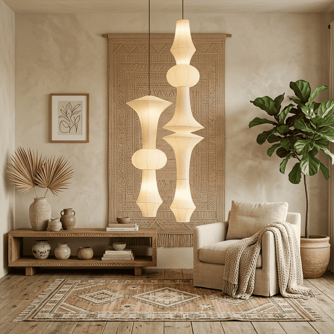 Akari E model pendant light in a minimalist dressing room setting.