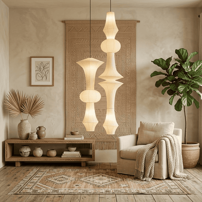 Akari E model pendant light in a minimalist dressing room setting.