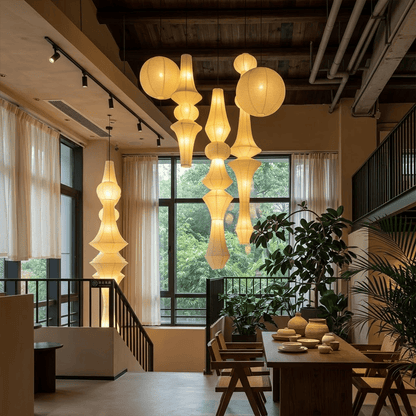 Akari E model pendant light in a minimalist dressing room setting.
