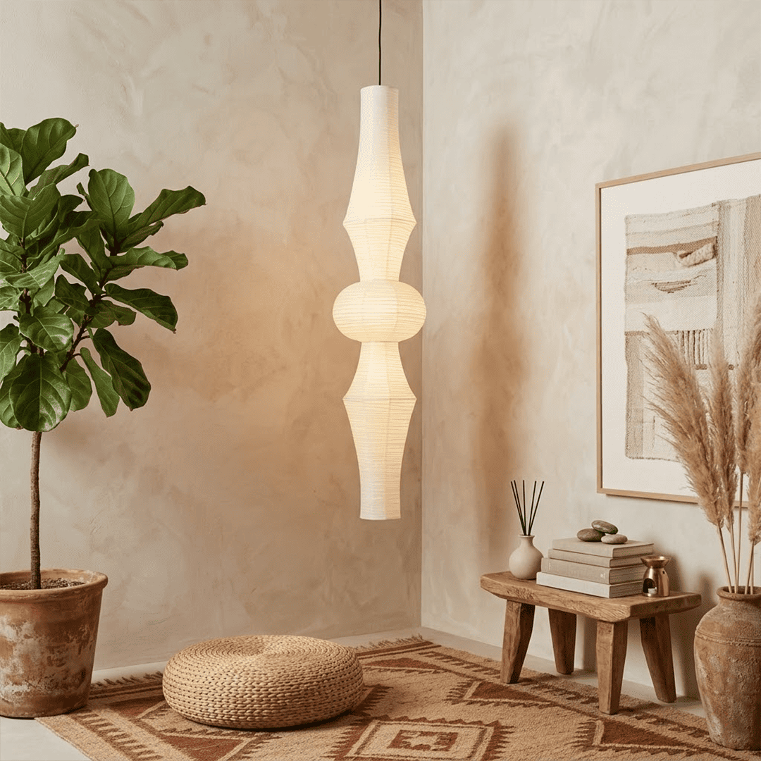 Akari E model pendant light in a minimalist dressing room setting.