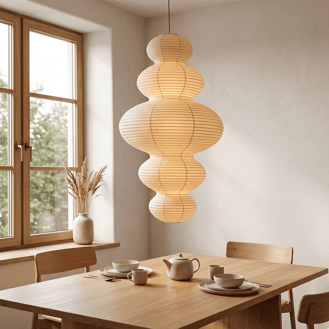Large Akari Juni washi paper pendant lamp glowing in a minimalist Japandi living room with warm 3000K light.