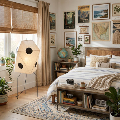 Cozy bedroom lighting setup with warm light from Akari UF3-Q rice paper lamp - stuberlighting