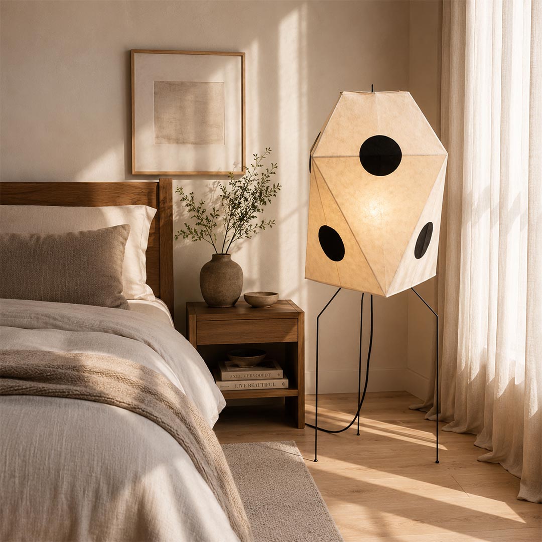 Cozy bedroom lighting setup with warm light from Akari UF3-Q rice paper lamp - stuberlighting