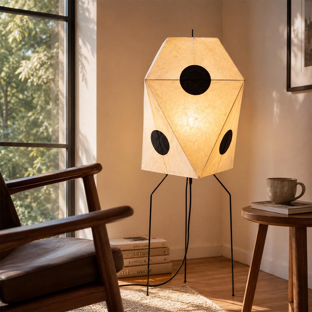 Japandi bedroom decor featuring Akari UF3-Q rice paper vertical light - stuberlighting