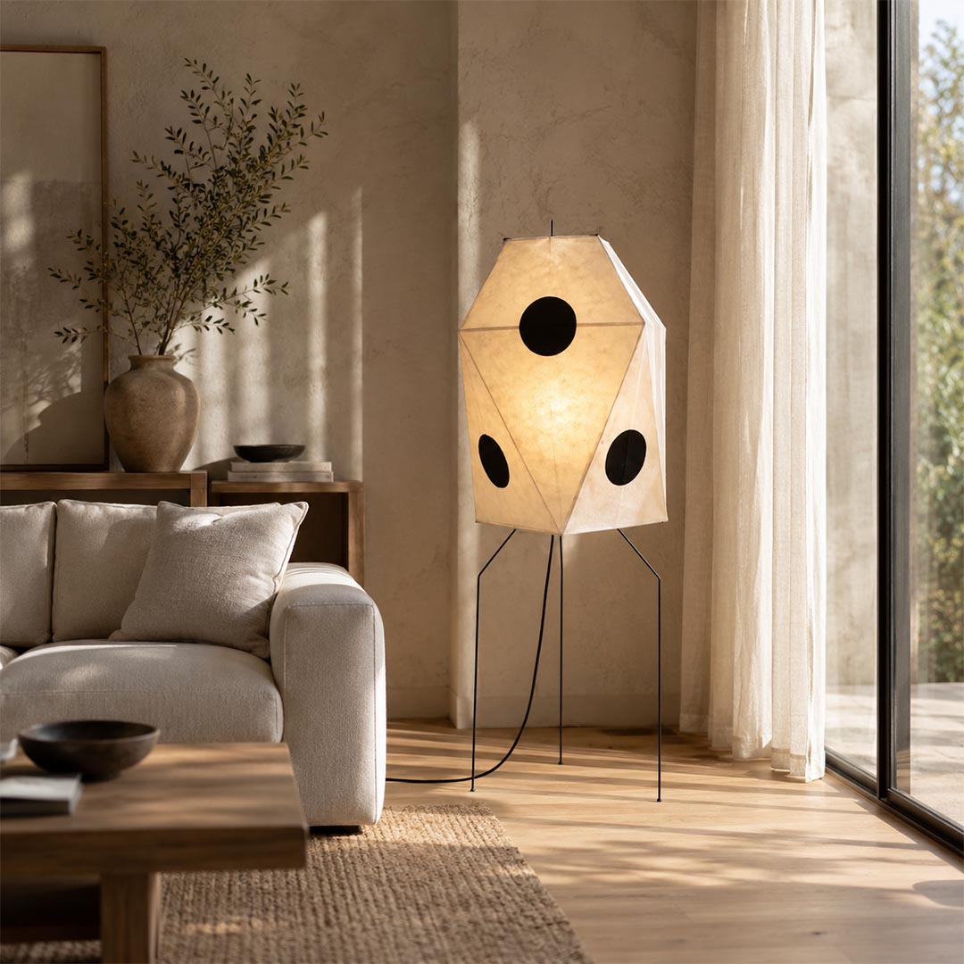 Organic modern living room decor featuring Akari UF3-Q Floor Lamp and armchair - stuberlighting
