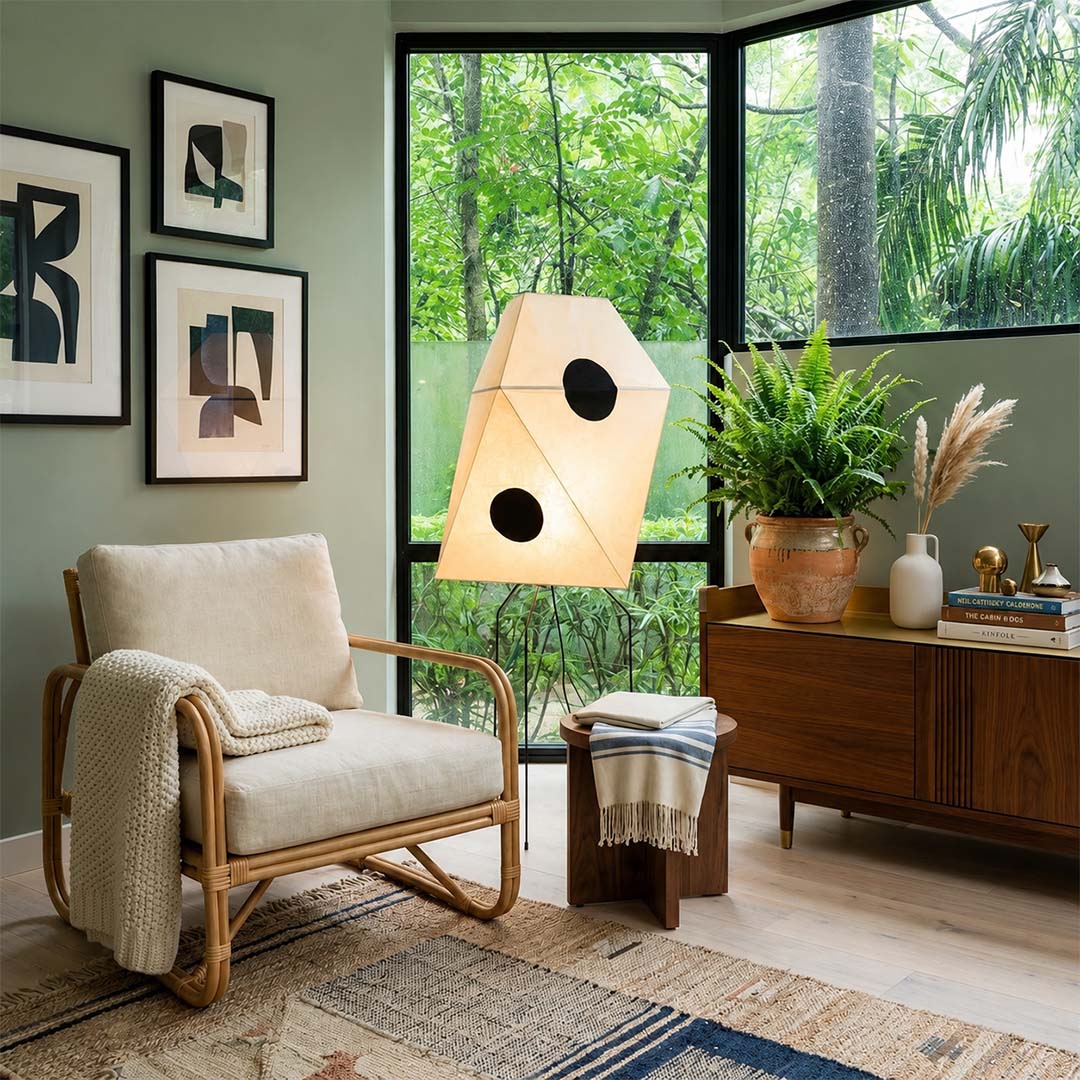Mid-century modern sunroom corner with Akari UF3-Q floor lamp and green plants - Stuber Lighting