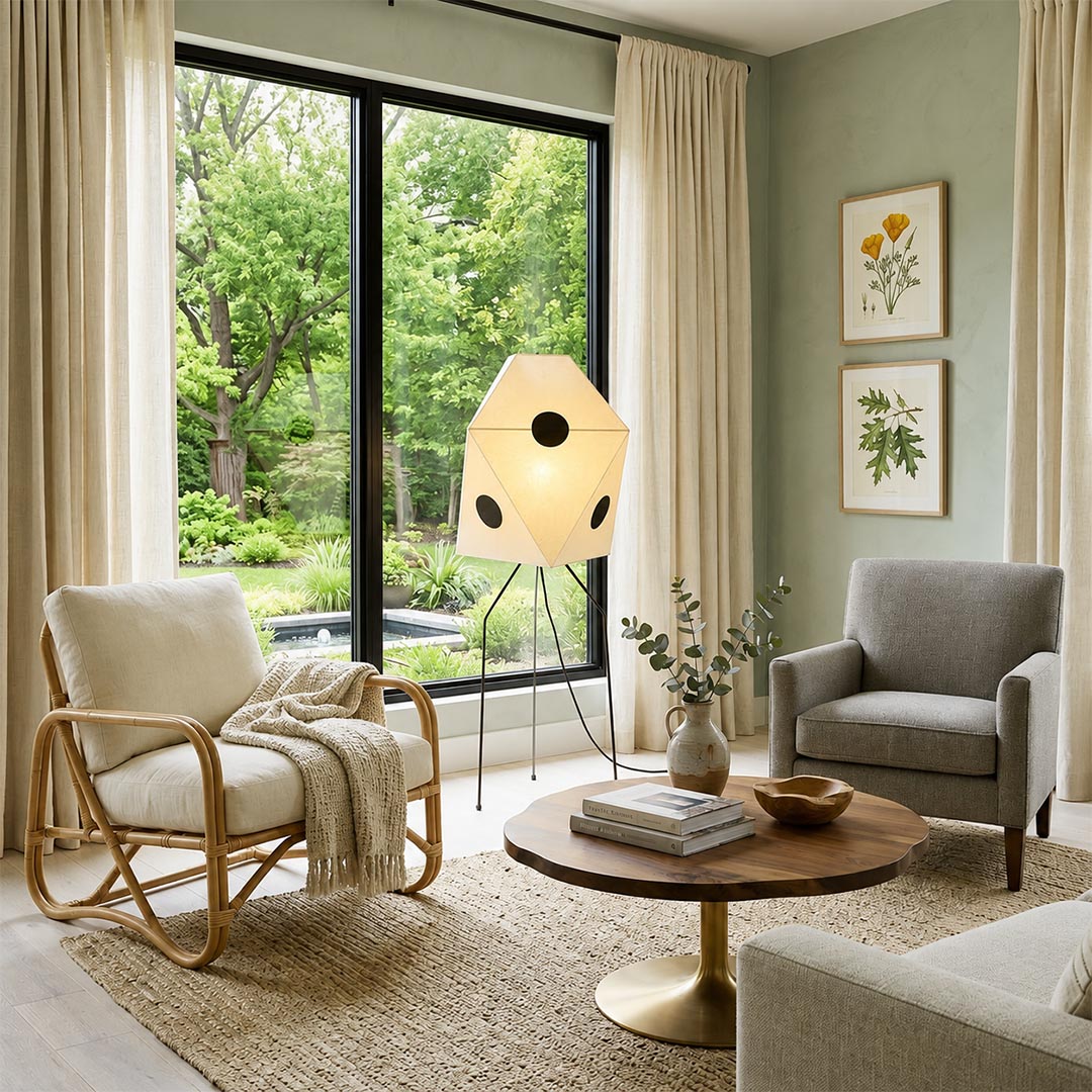 Modern organic living room next to large glass door featuring glowing Akari UF3-Q vertical light next to sectional sofa - stuberlighting