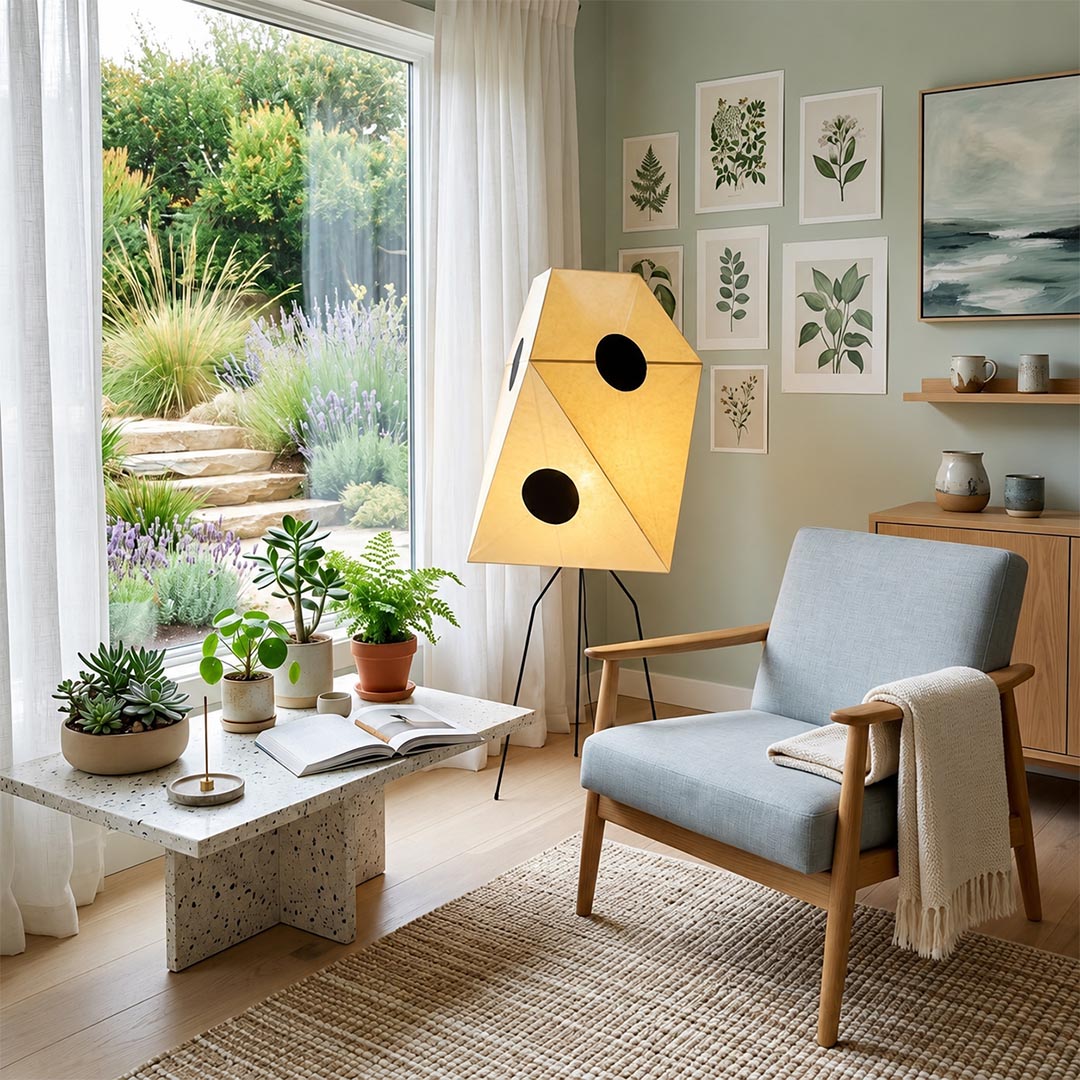 Organic modern living room credenza decorated with Akari UF3-Q paper lantern vertical light next to armchair - stuberlighting