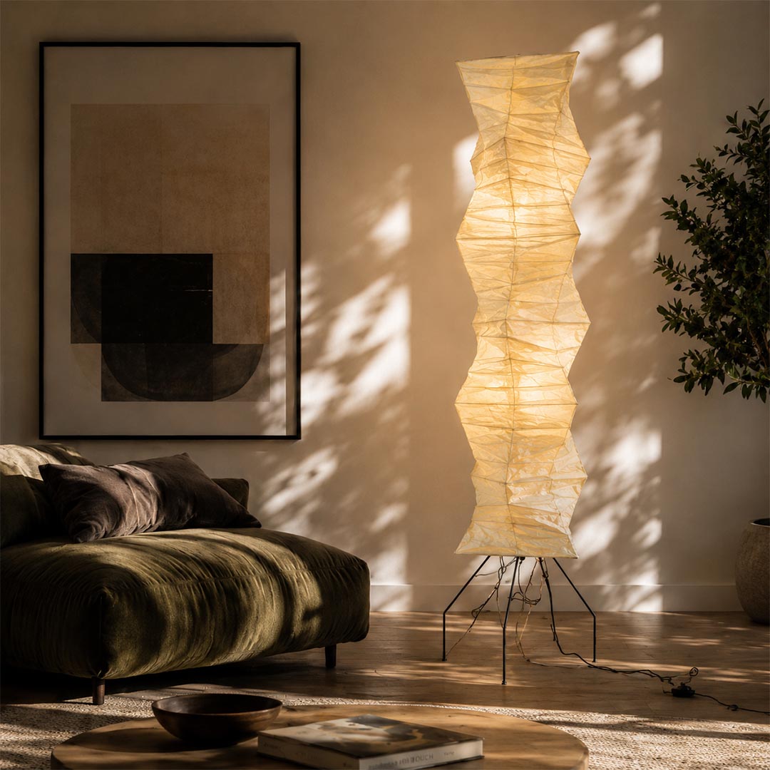 Modern tall rice paper light Akari UF4 33N floor lamp in a Japandi style living room corner - stuberlighting