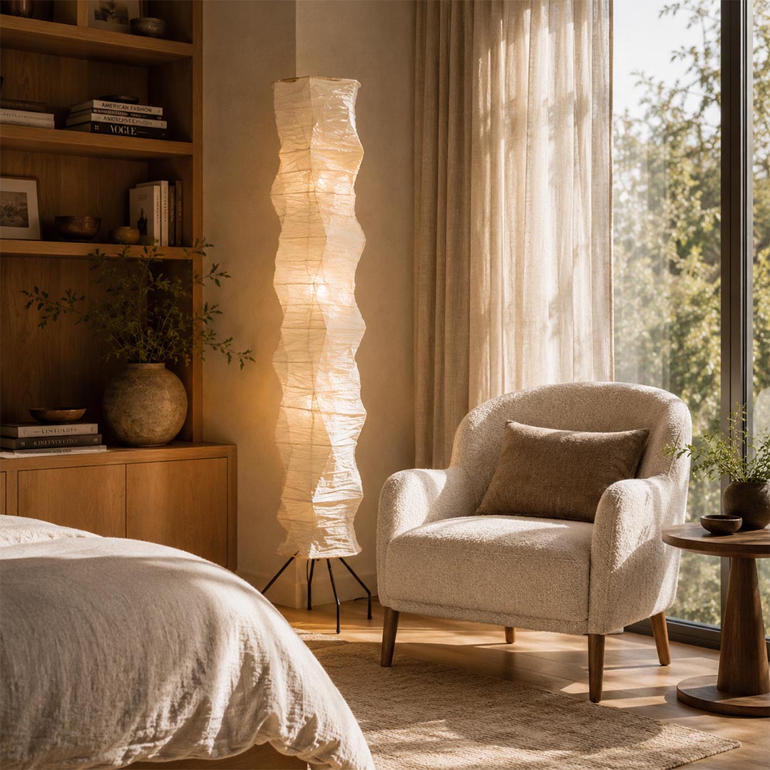Warm ambient lighting from Akari UF4 33N tall rice paper floor lamp by the bedside - stuberlighting