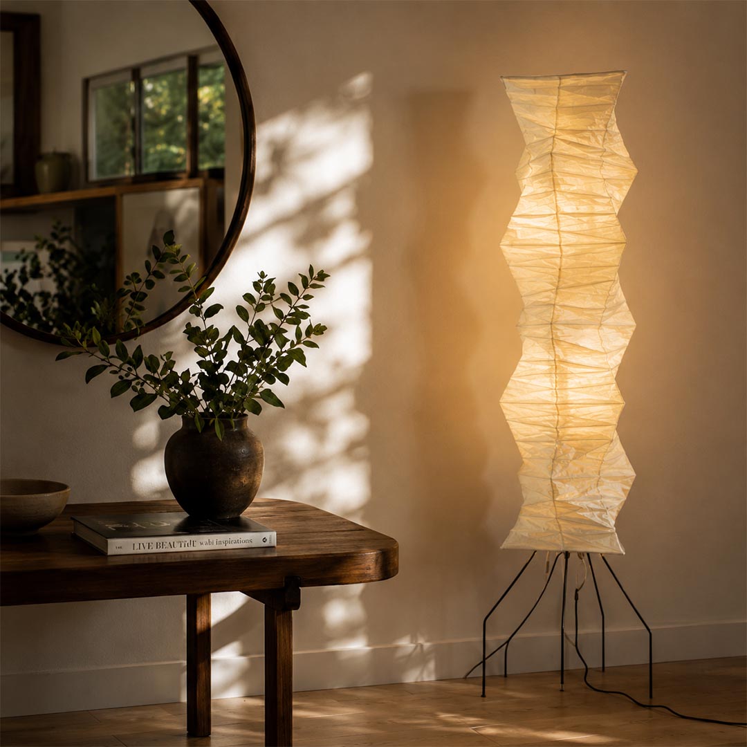 Minimalist entryway decor featuring Akari UF4 33N tall rice paper vertical light - stuberlighting