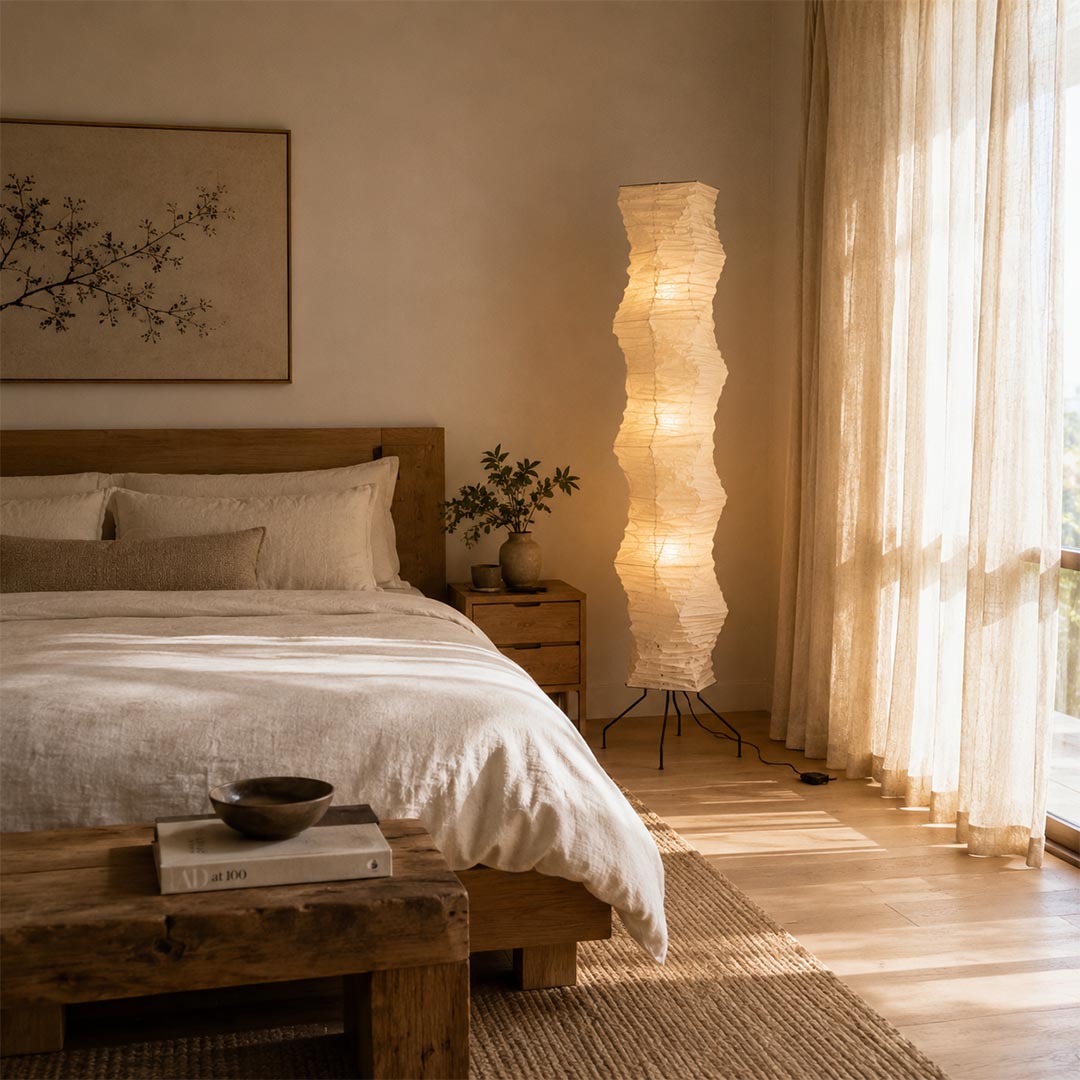 Warm ambient lighting from Akari UF4 33N tall rice paper floor lamp by the bedside - stuberlighting