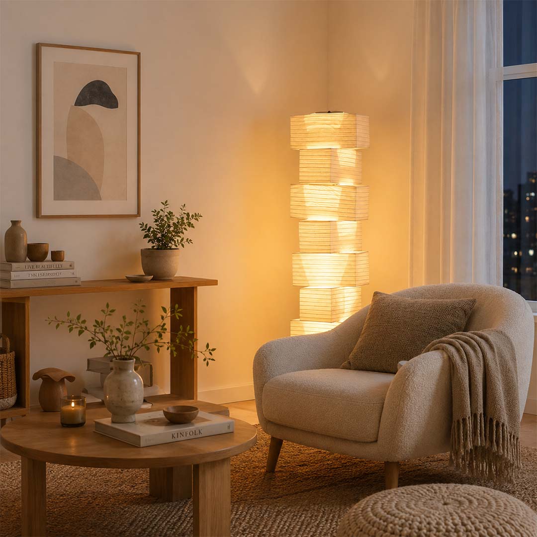 Warm ambient living room lighting with Akari UF4-L10 floor lamp next to armchair - stuberlighting