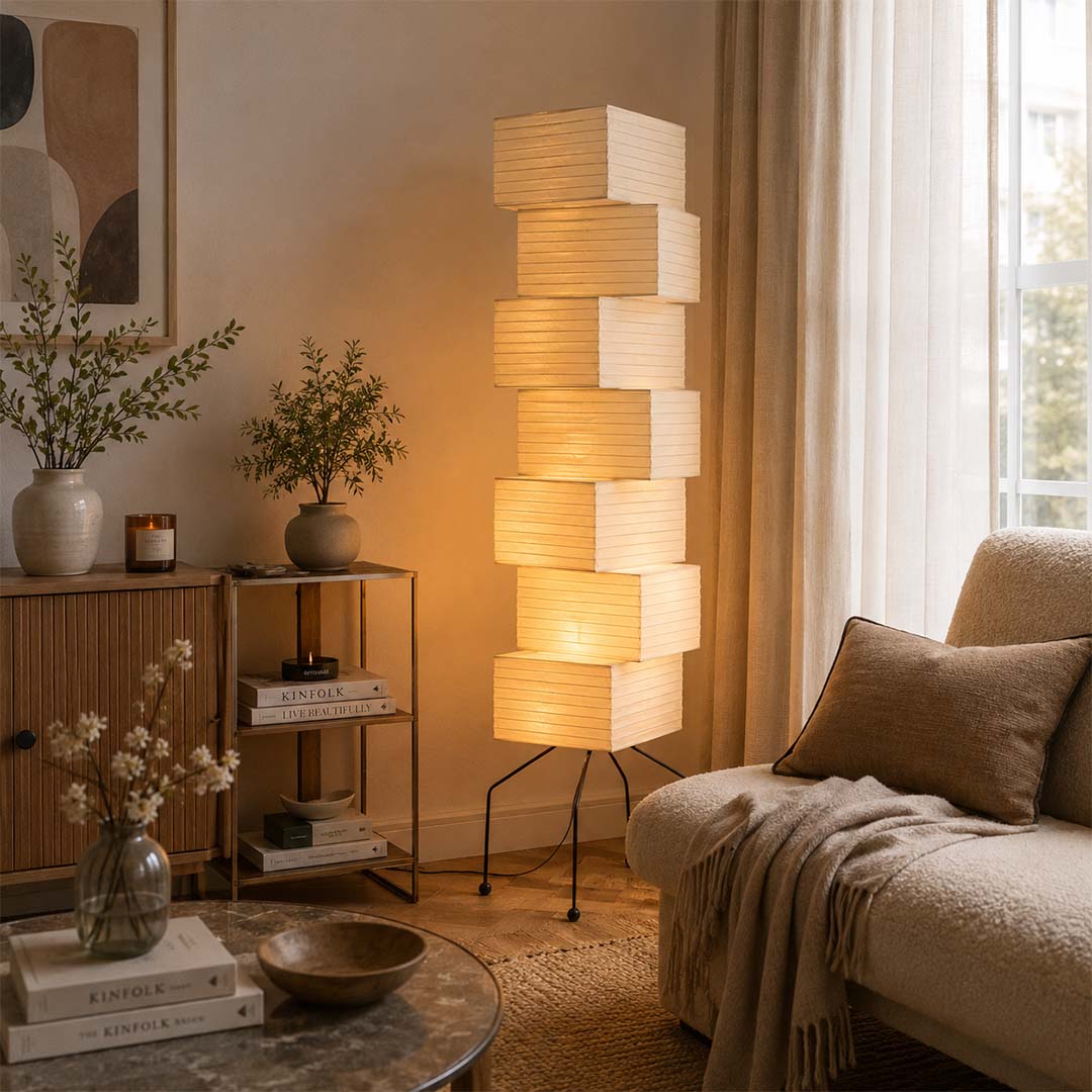 Cozy Japandi style living room corner with warm light from Akari UF4-L10 lamp - stuberlighting