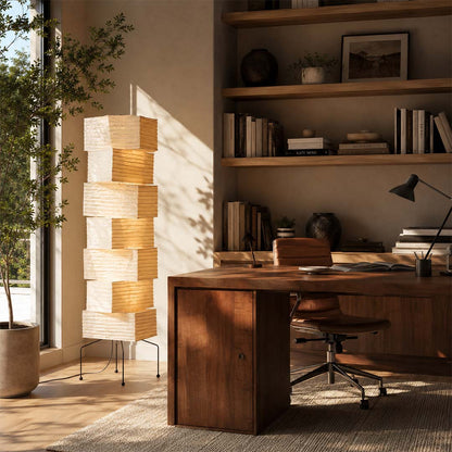 Elegant home office design with Akari UF4-L10 floor lamp next to a wooden desk - stuberlighting