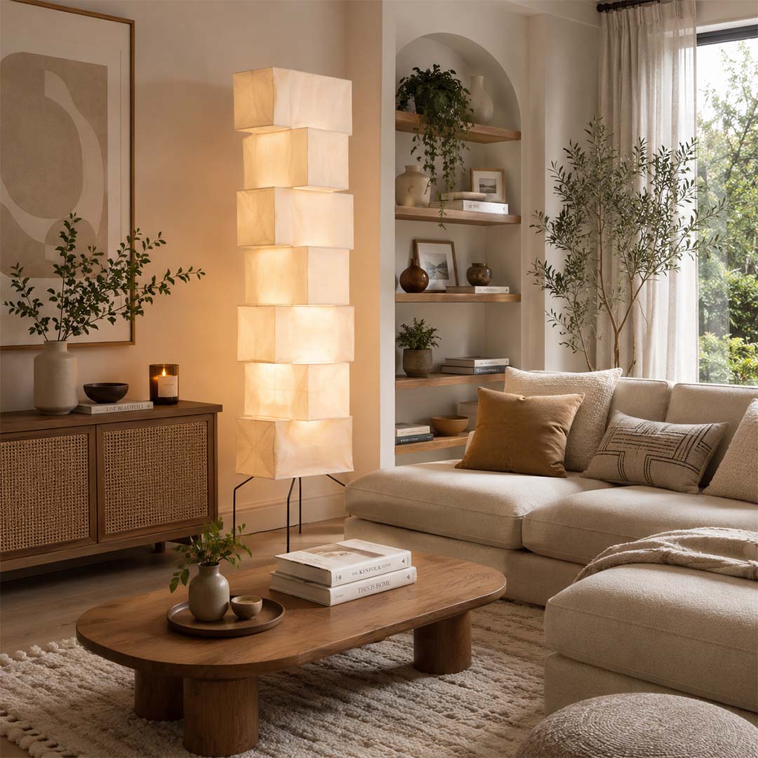 Modern organic living room interior featuring Akari UF4-L10 stacked lantern light - stuberlighting