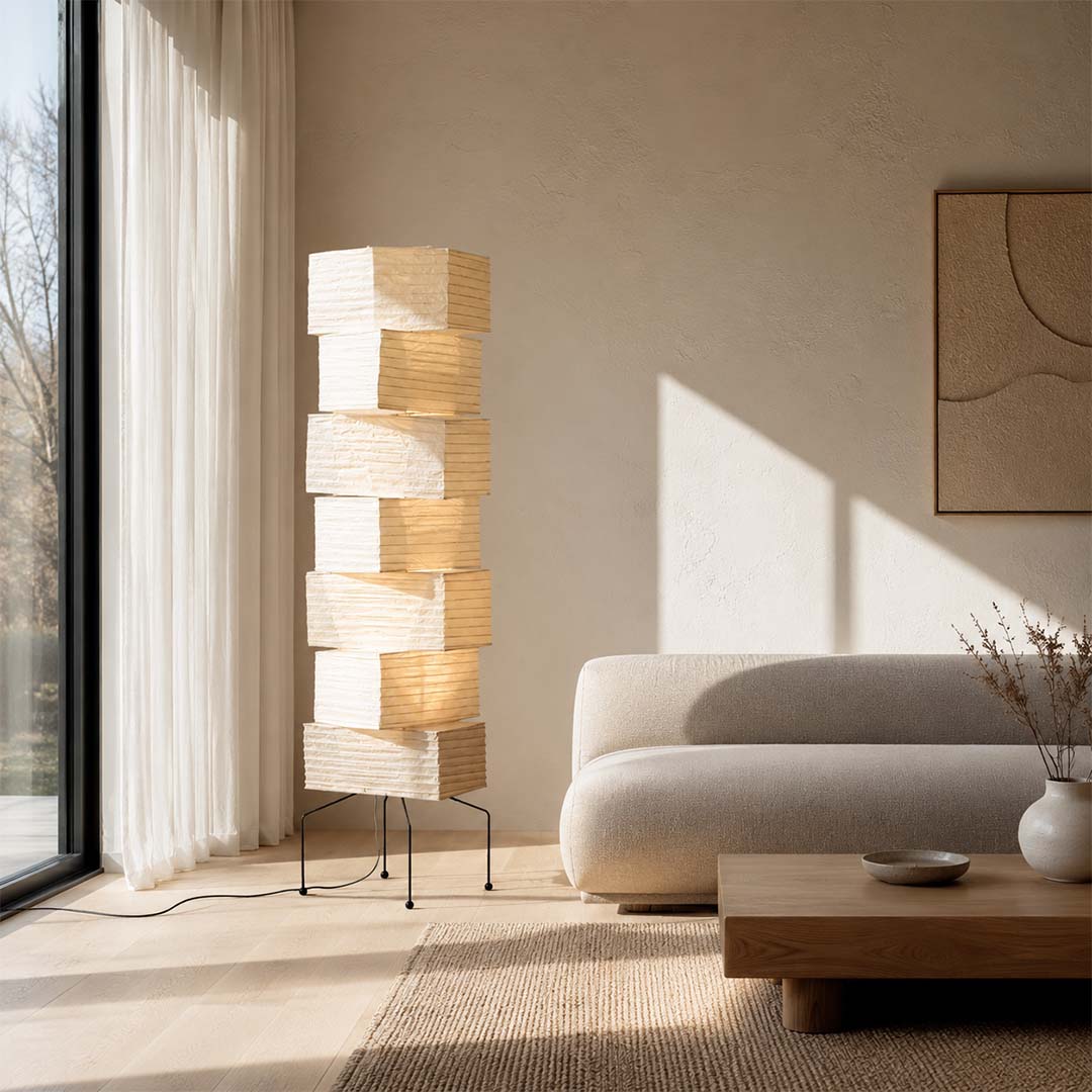 Nordic minimalist living room decor featuring an Akari UF4-L10 tripod floor lamp - stuberlighting