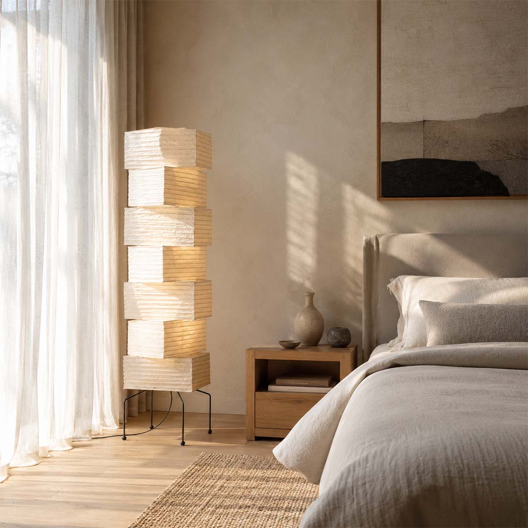 Minimalist bedroom interior with Akari UF4-L10 rice paper floor lamp by the bedside - stuberlighting