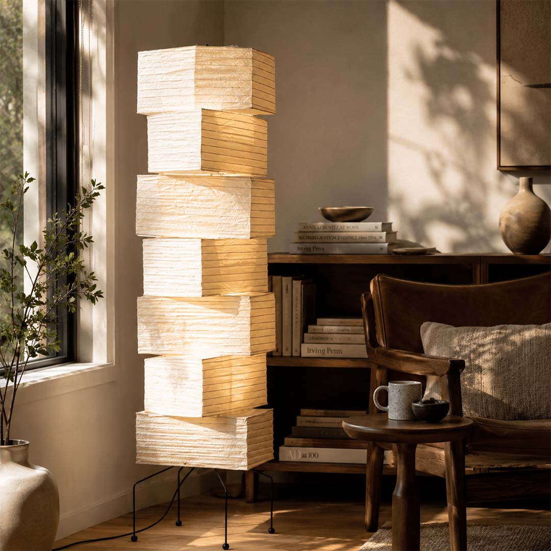 Elegant home office design with Akari UF4-L10 floor lamp next to a wooden desk - stuberlighting