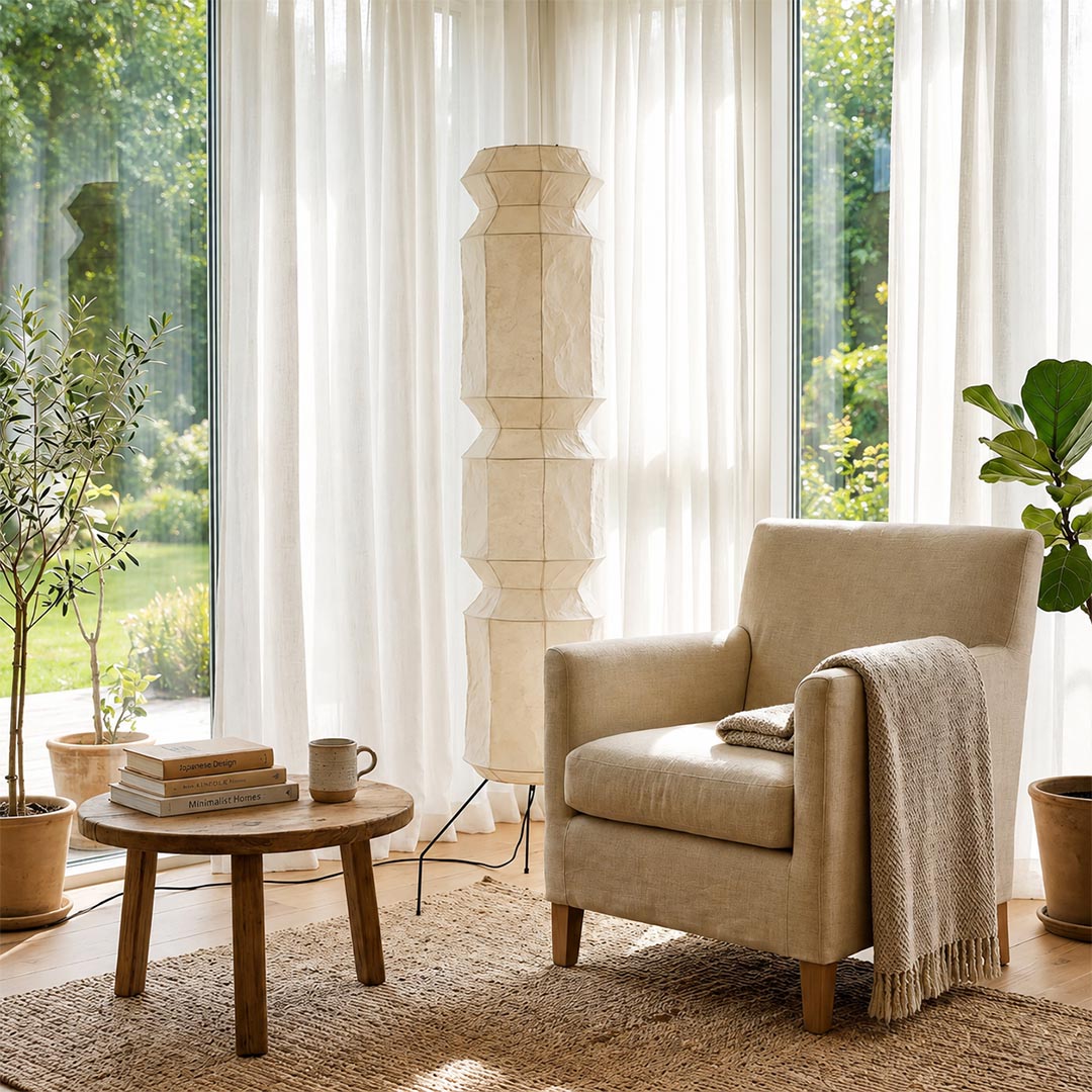 Bright organic modern living room corner featuring Akari UF4-L6 paper floor lamp - stuberlighting