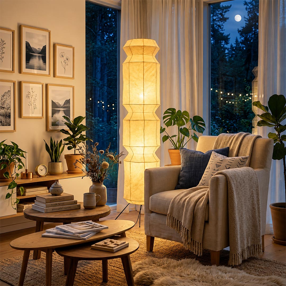 Cozy room reading nook with night view and glowing Akari UF4-L6 vertical lamp - stuberlighting
