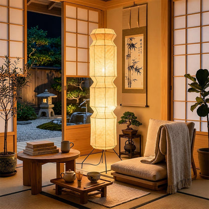 Zen style Japanese tatami room decorated with Akari UF4-L6 tripod floor lamp - stuberlighting