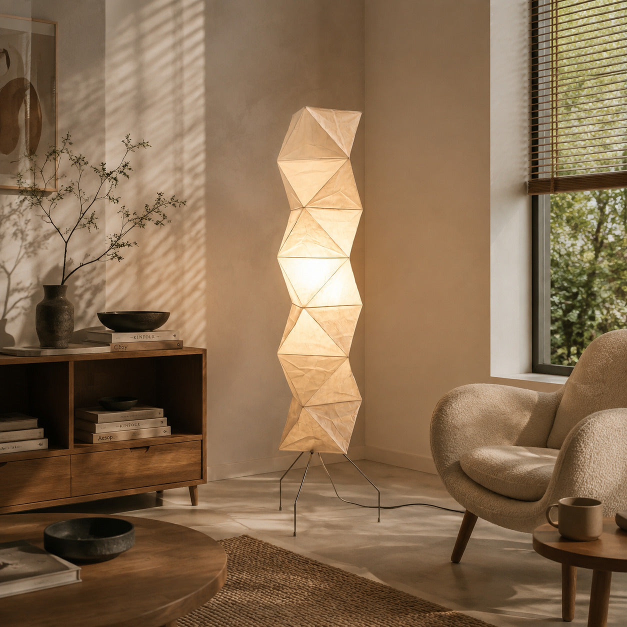 Akari UF4-L8 floor lamp reading nook corner soft glow washi paper tall sculptural American home lifestyle interior styled