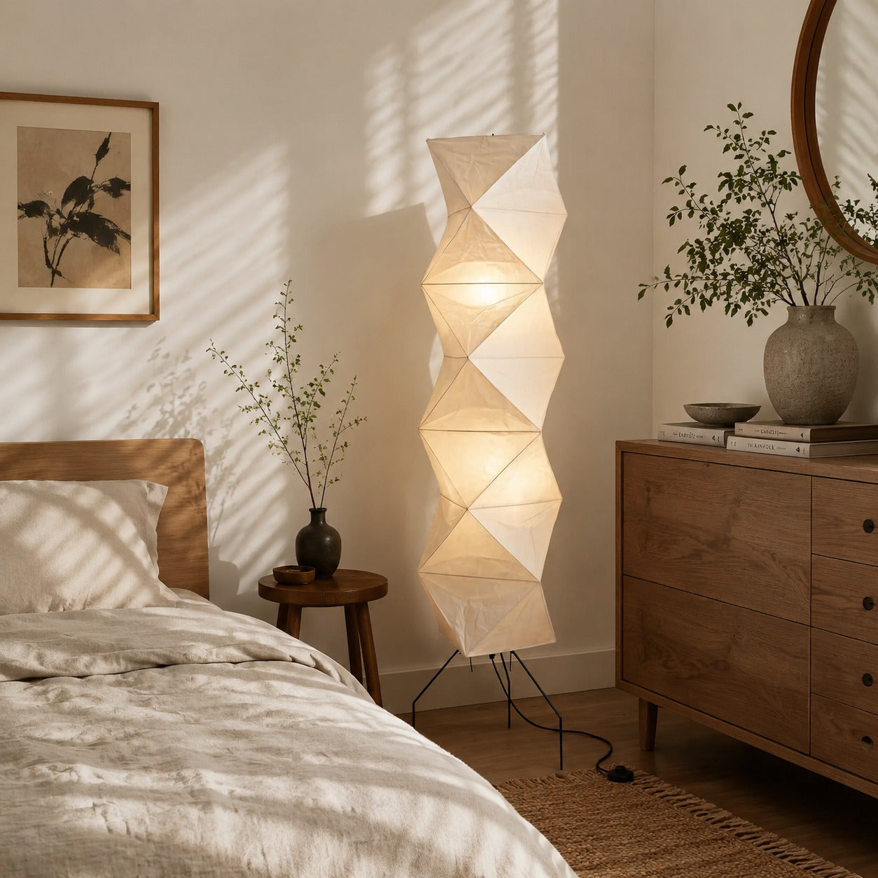 Akari UF4-L8 floor lamp bedroom corner soft ambient glow washi paper tall Japanese minimalist cozy American home lifestyle interior styled