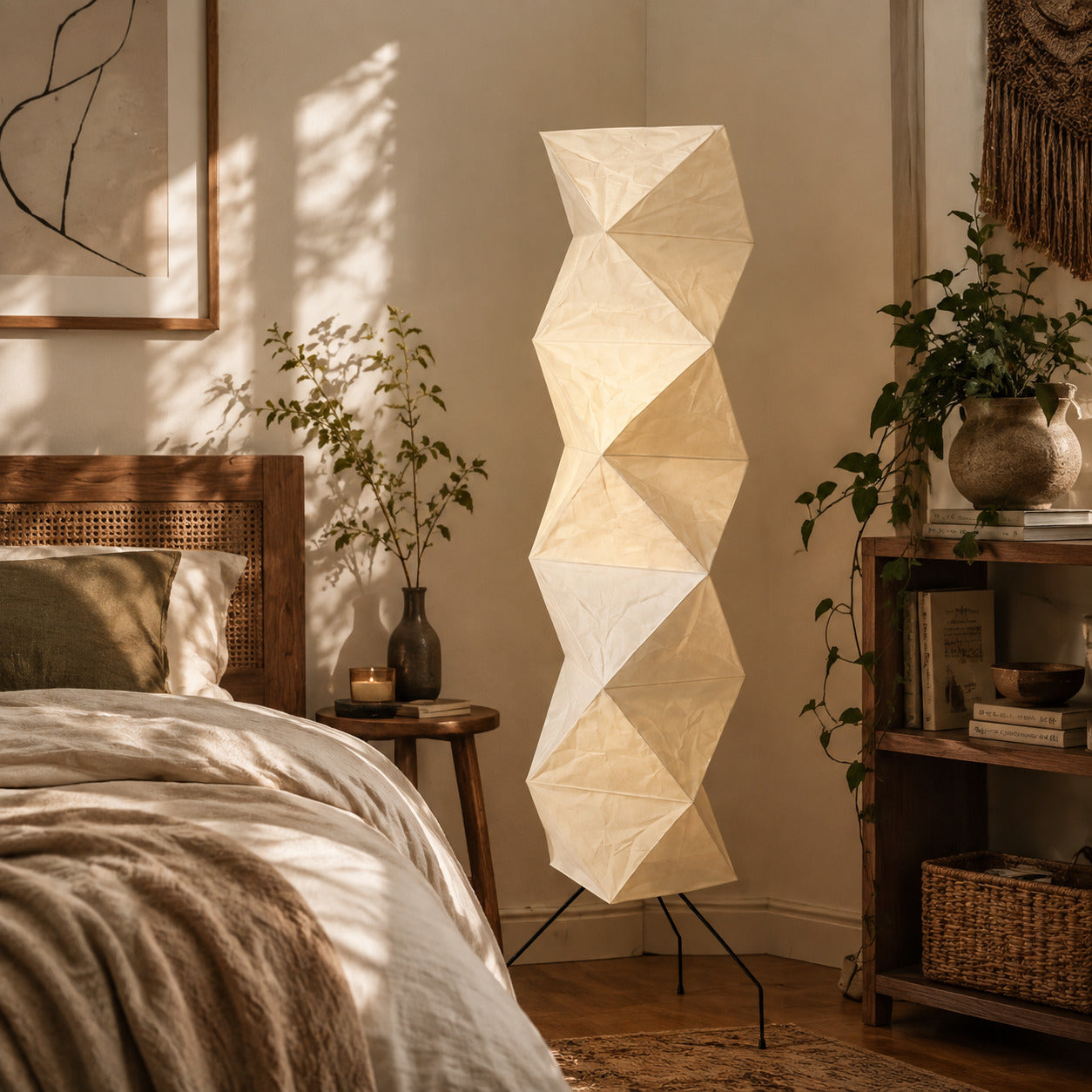 Akari UF4-L8 floor lamp bedroom corner soft ambient glow washi paper tall Japanese minimalist cozy American home lifestyle interior styled