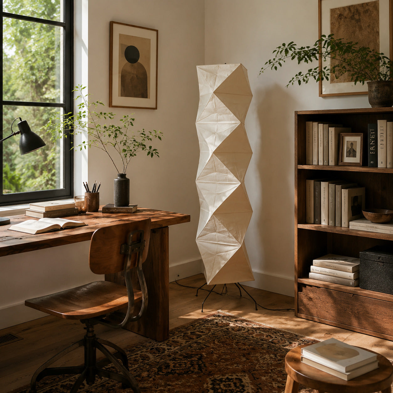 Akari UF4-L8 floor lamp reading nook corner soft glow washi paper tall sculptural American home lifestyle interior styled